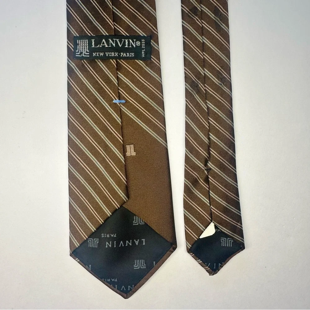 NWT x Vintage LANVIN Striped Brown Classic 95% Silk Tie, 3”